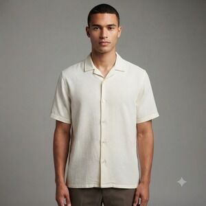 Bruno Milano Shirt Mens Medium Cream Short Sleeve Button Down Camp Collar